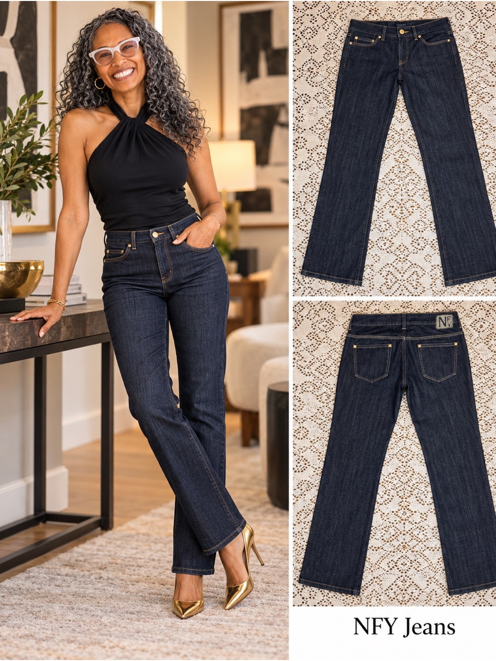 NFY Jeans Indigo Straight-Leg Women's Jeans with Gold Rivets